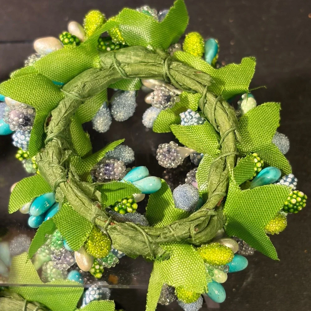 Set of 5 Teal and Green Beaded Berry Floral Napkin Rings Spring Garden Decor